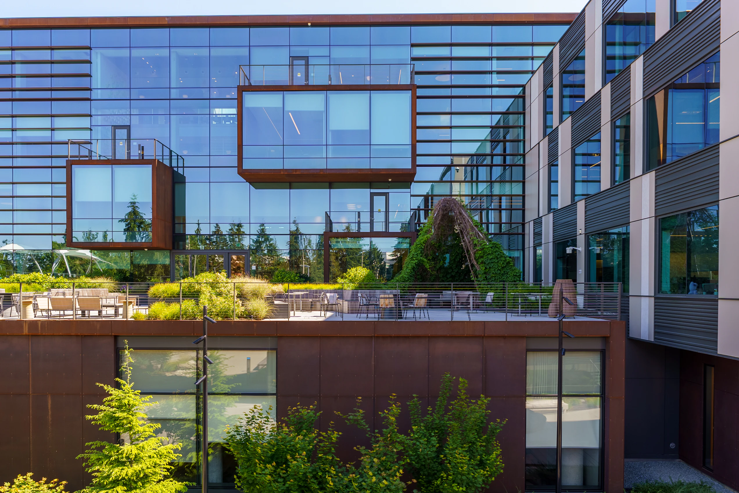 Patio and landscape at a corporate office campus